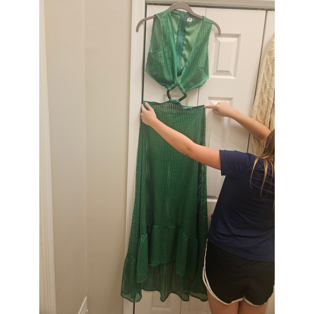 XOXO Green Mesh Cut Out Maxi Dress Ring Detail Sleeveless V-Neck Emerald Medium